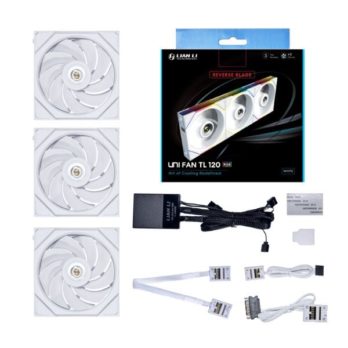 Lian Li UNI FAN TL Series Wentylator z odwróconymi łopatkami, 3-pak ze sterownikiem – 120mm, biały