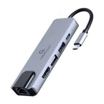 GEMBIRD A-CM-COMBO5-04 MULTI ADAPTER USB TYP-C 5W1 (HUB + HDMI + PD + CZYTNIK KART + LAN) SREBRNY