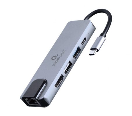 GEMBIRD A-CM-COMBO5-04 MULTI ADAPTER USB TYP-C 5W1 (HUB + HDMI + PD + CZYTNIK KART + LAN) SREBRNY