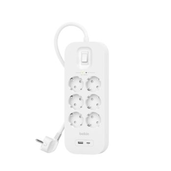 Listwa zasilająca Belkin Power Surge 6-PORT + 1xUSB-A +1xUSB-C 2.4A PD 650J 2m White Schuko