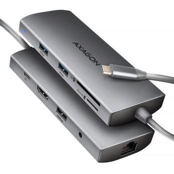 AXAGON HMC-8HLSA Wieloportowy koncentrator USB-C 3.2 Gen 1, 3x USB-A + 4K/60Hz HDMI + SD/microSD, Gigabit LAN, Audio, PD 100W – Srebrny