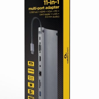 GEMBIRD MULTI ADAPTER TYP-C 11W1 (HUB USB + HDMI + VGA + PD + CZYTNIK KART + LAN + AUDIO 3,5 MM), SZARY