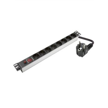 Sieci SOMI | Aluminiowy panel zasilający 1U, 19″, 8x Schuko | PDU08SASO | Srebro | Z przełącznikiem i zabezpieczeniem przeciwprzepięciowym; Wejście Schuko; Przewód 1,8 m